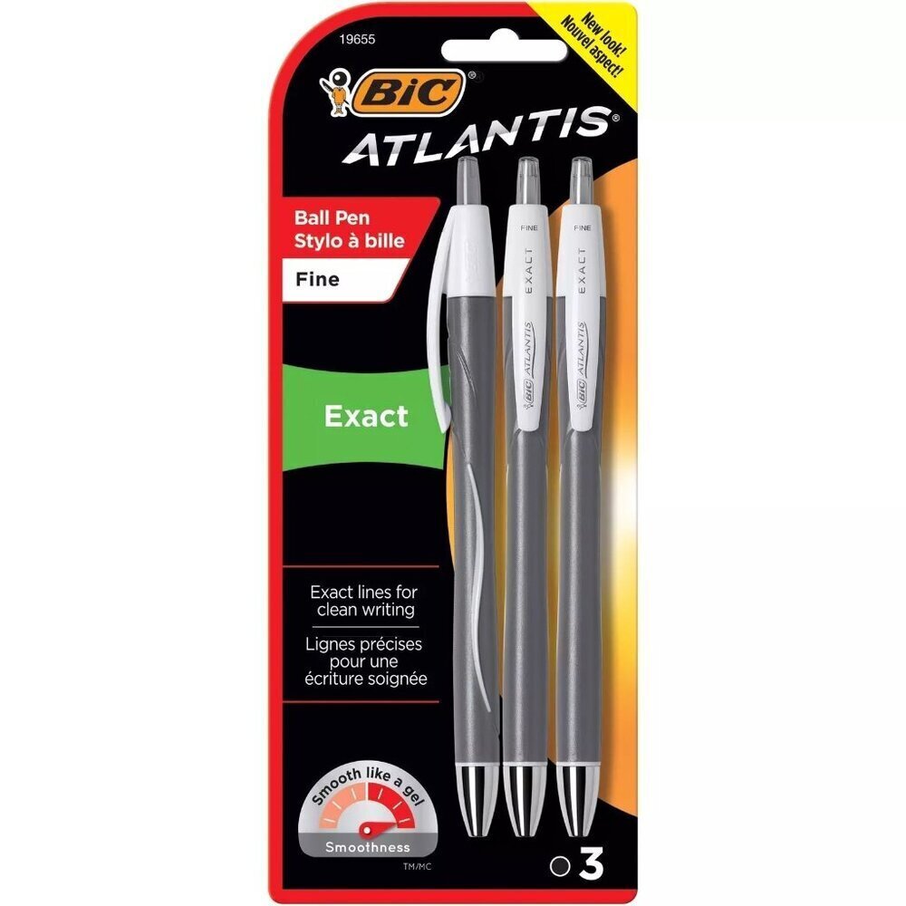 BIC Atlantis Exact Retractable Ball Pen, Fine Point (0.7 mm), Black, 3 Count